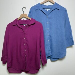 Chico's Women‎ 100% Linen Button Front Shirt Bundle Lot 8 Magenta Blue Lagenlook